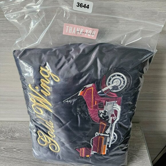 Vintage 90s Black Satin Bomber Jacket Moto Goldwing Graphic NAME Cardinal XL - Picture 13 of 13